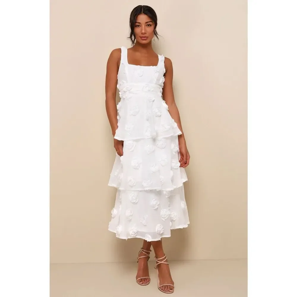 Lulus Exceptional Entrance White Sleeveless Tiered Rosette Midi Dress Size M NWT - Picture 1 of 11